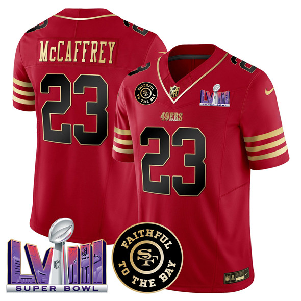 Men's San Francisco 49ers #23 Christian Mccaffrey Red 2025 F.U.S.E. Faithful & Super Bowl LVIII Patch Vapor Limited Stitched Football Jersey Men's San Francisco 49ers #23 Christian Mccaffrey Red 2025 F.U.S.E. Faithful & Super Bowl LVIII Patch Vapor Limited Stitched Football Jersey